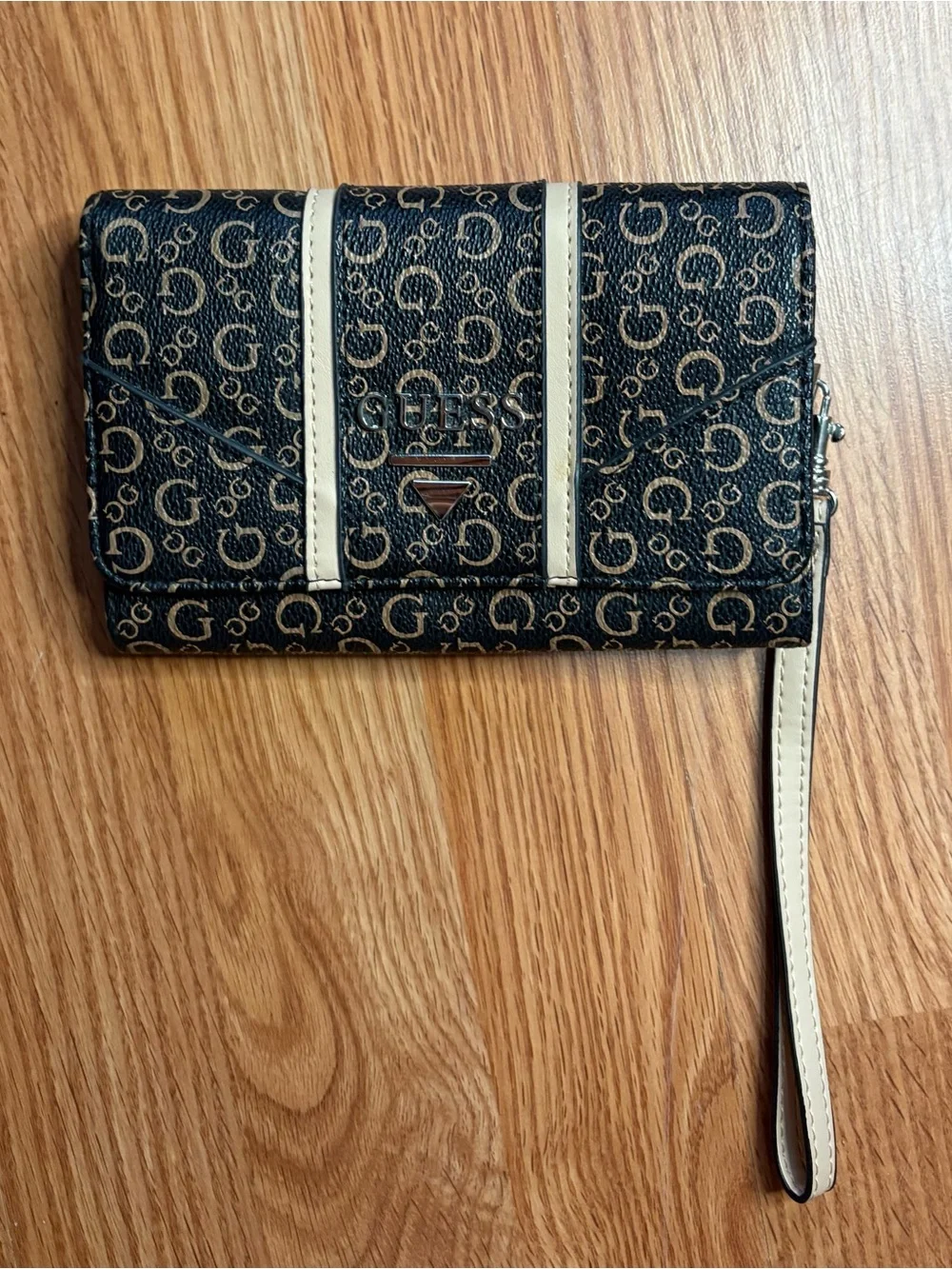 GUESS Black Logo Wristlet with Cream Trim and Strap